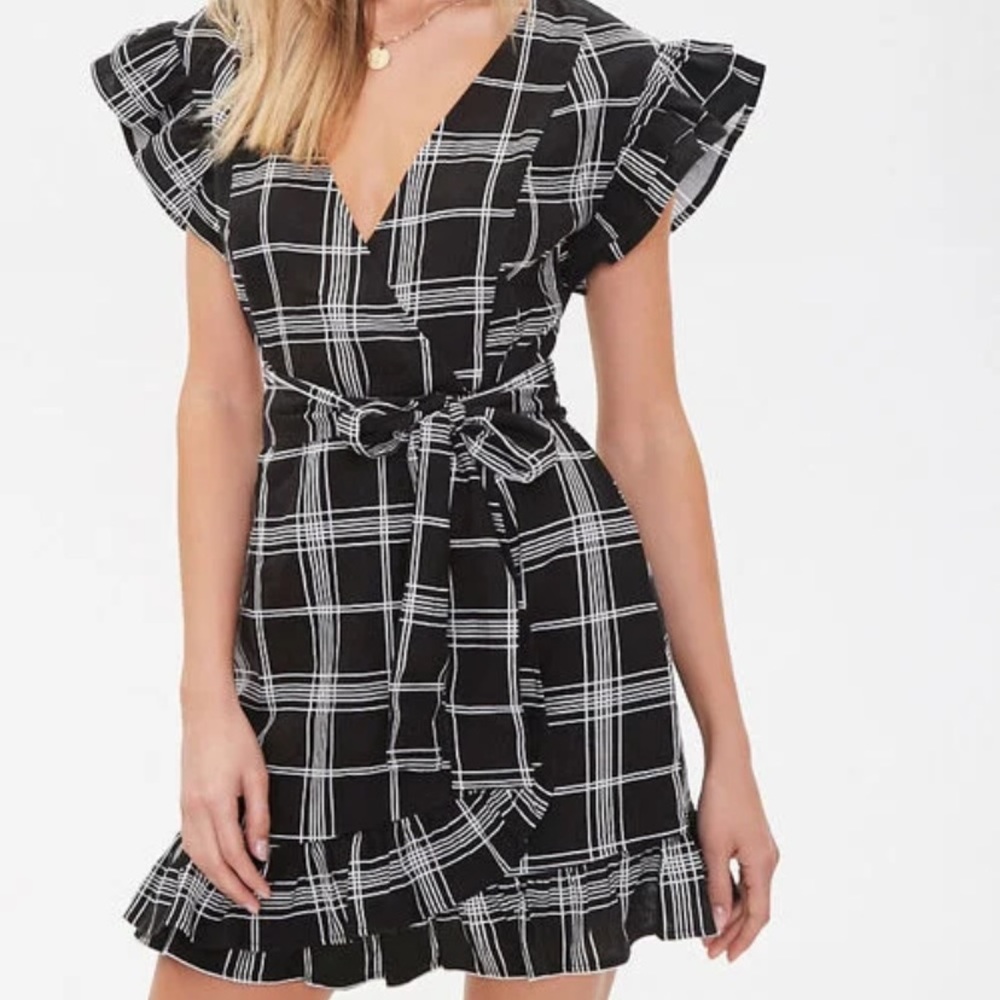 Grid print mock wrap dress